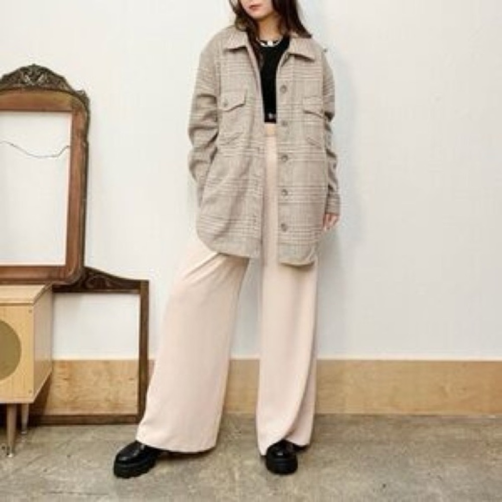 Joie Cream Plaid Neutral Long Button Down Shacket Coat L